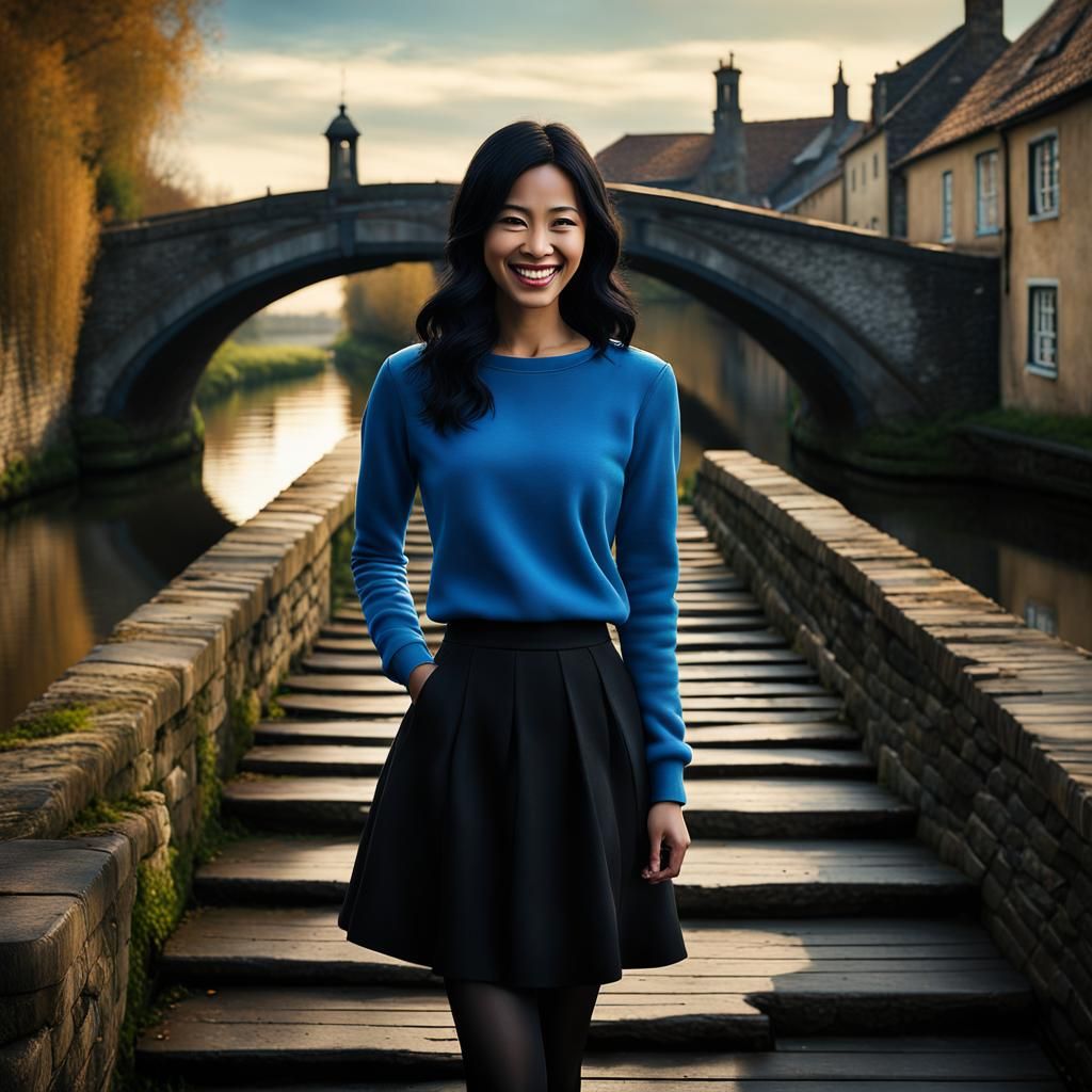 Smiling Woman on Canal Towpath: Digital Matte Painting
