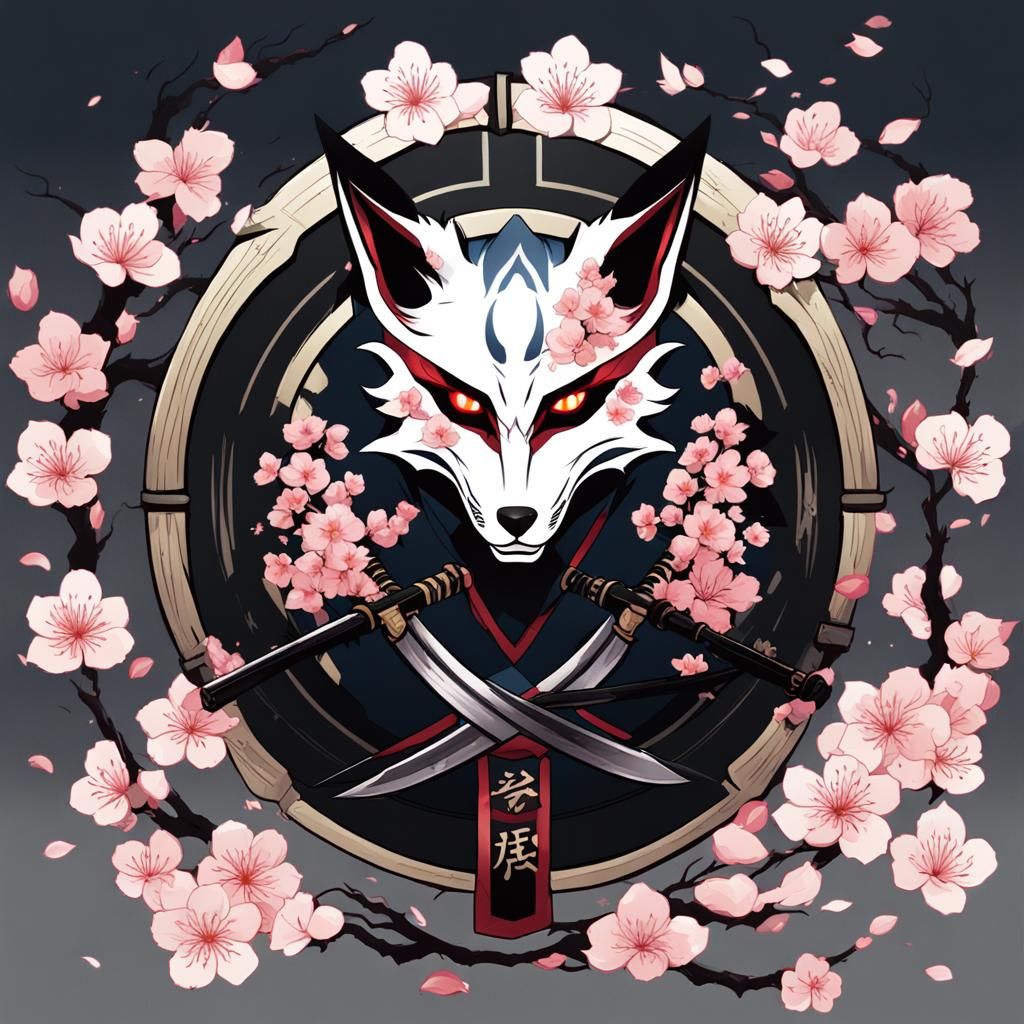 Japanese Assassin Fox Mask with Cherry Blossoms in Anime Sty...