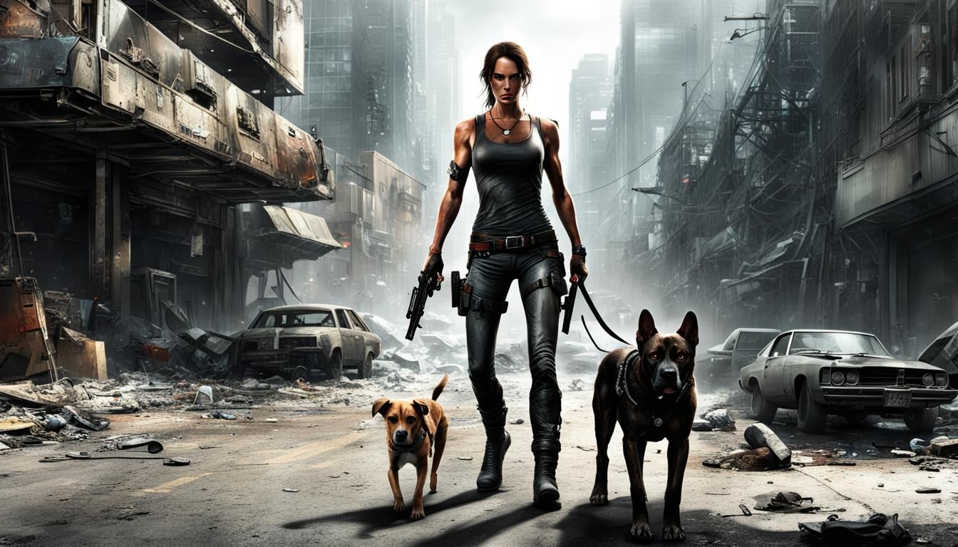 Lara Croft as Terminator Walks Dog in City