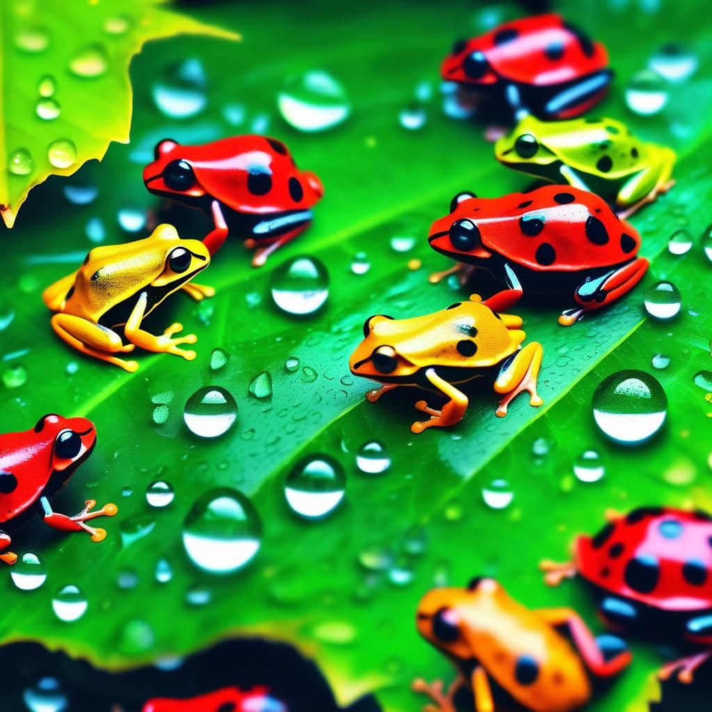 Macro Photo of Raindrops, Frogs, and Ladybugs