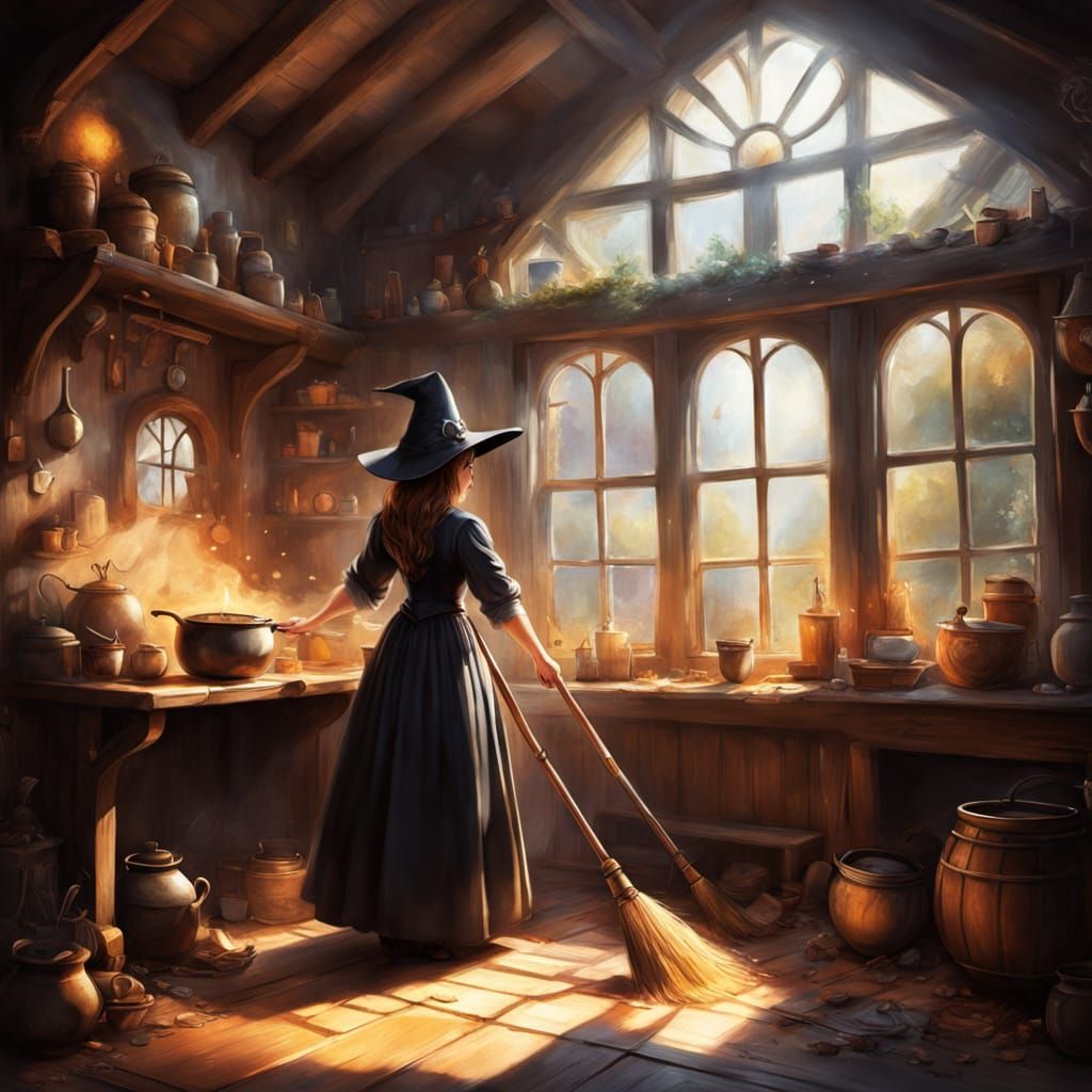 Young Witch Cleans Enchanted Cottage in Whimsical Fantasy Ar...