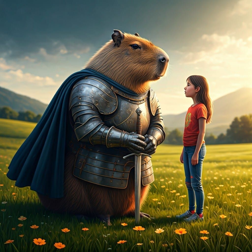Medieval Capybara Knight in Whimsical Landscape