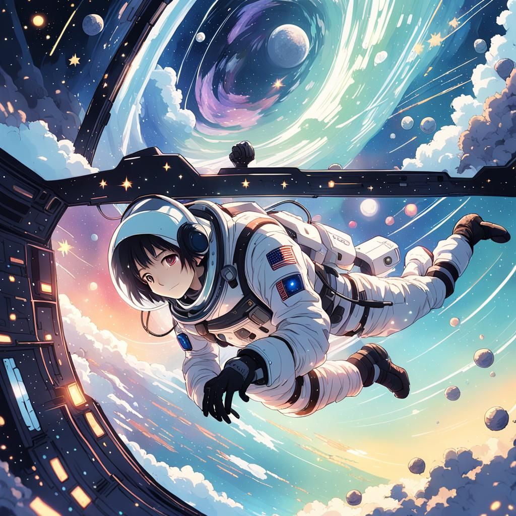 Cute Astronaut Girl in Vibrant Space Odyssey
