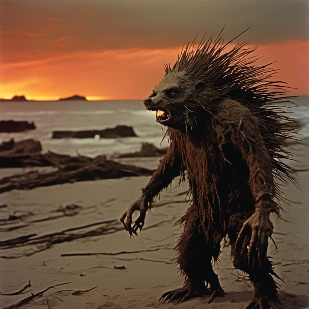 Porcupine-Troll Walks Delaware Coast at Sunset