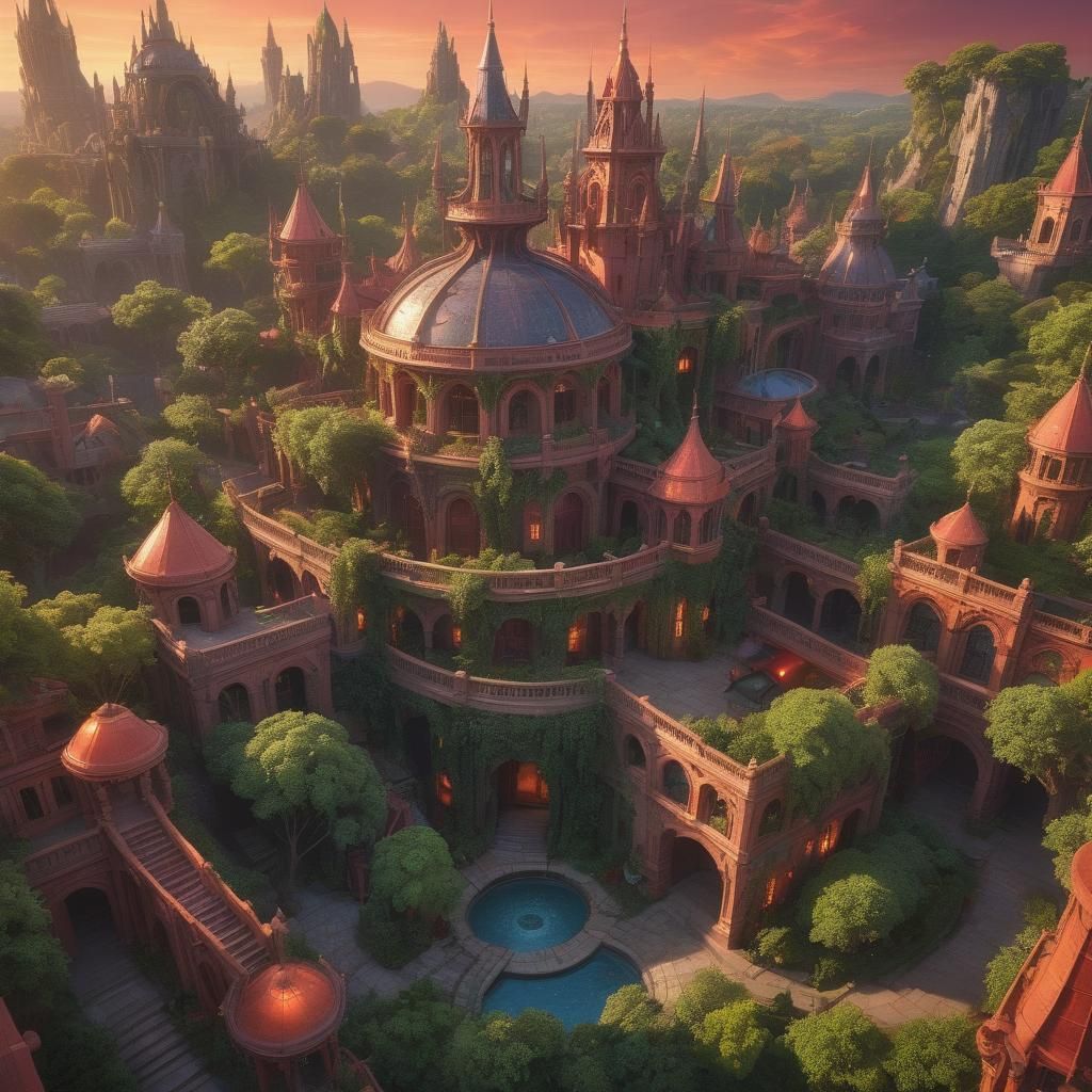 Fantasy World Architecture Under a Red Sky
