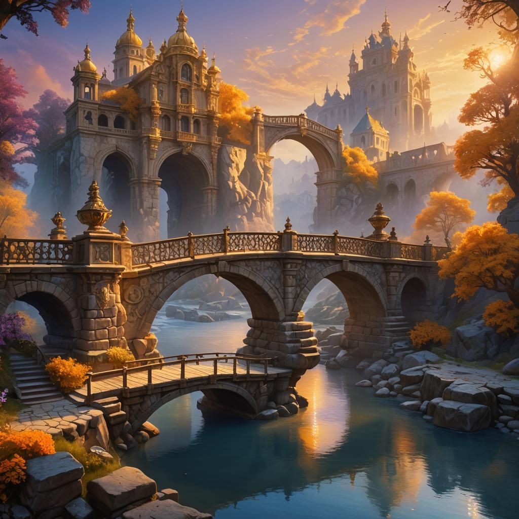 Whimsical Fantasy Scene with Quaint Bridge and Serene River