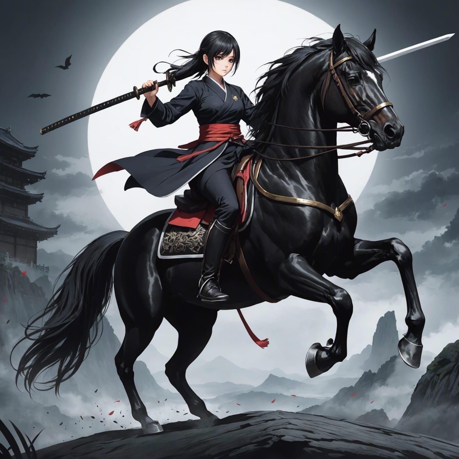 Anime Girl with Katana on Black Horse