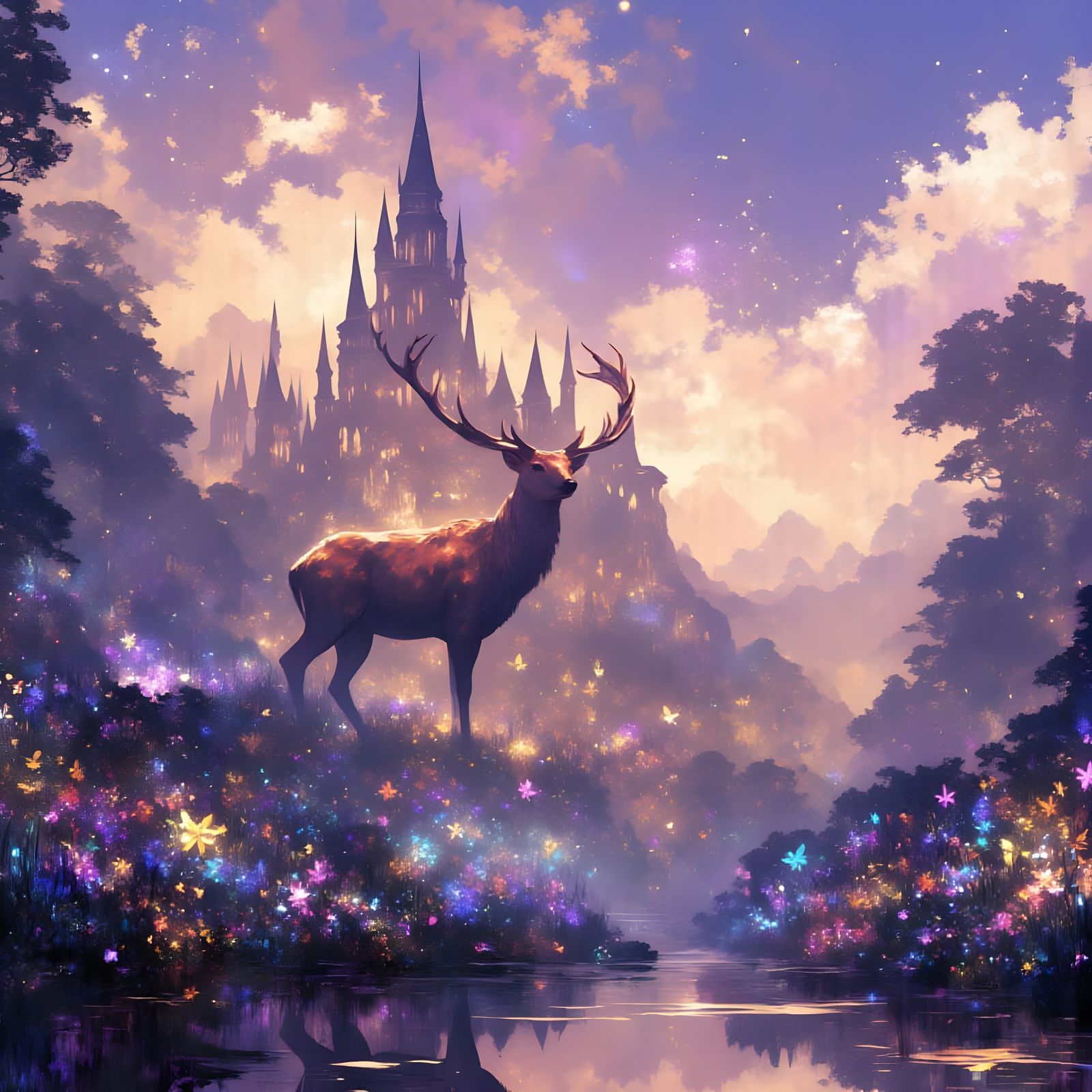 Ethereal Deer in a Mystical Valley at Sunset