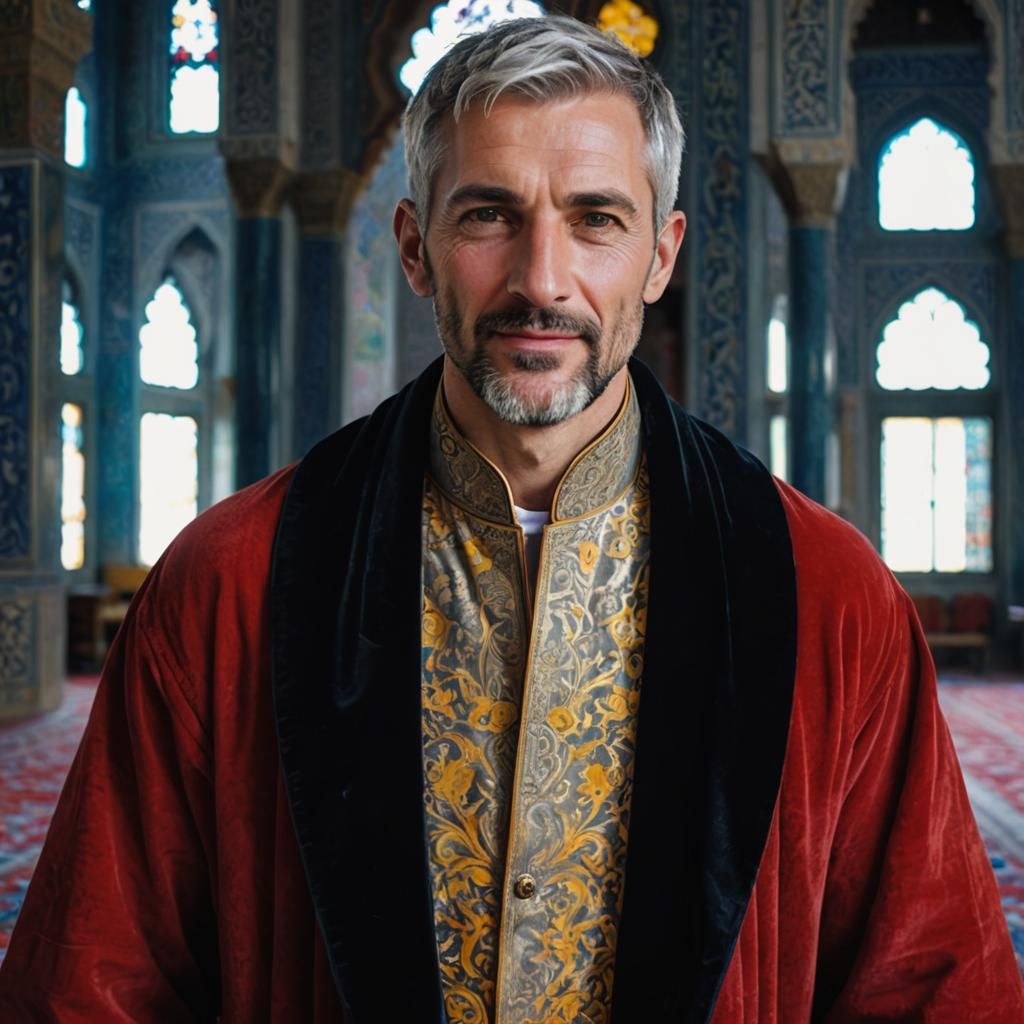 Friendly Man in Magnificent Blue Mosque, Impressionist Oil P...