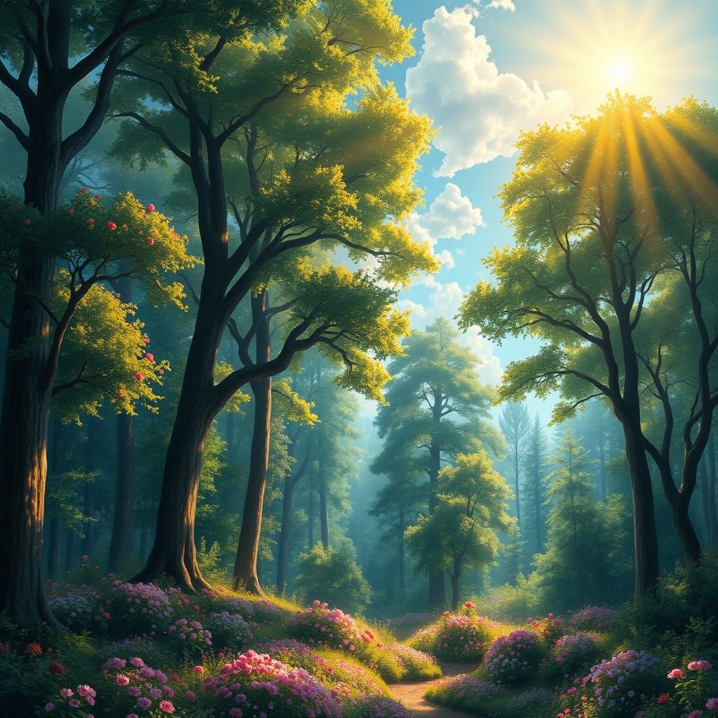 Vibrant Forest Landscape in Impressionistic Style