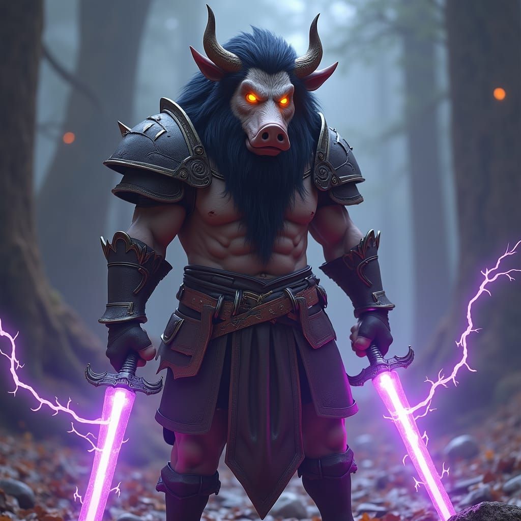 Boar Warrior with Glowing Swords, Fantasy Art