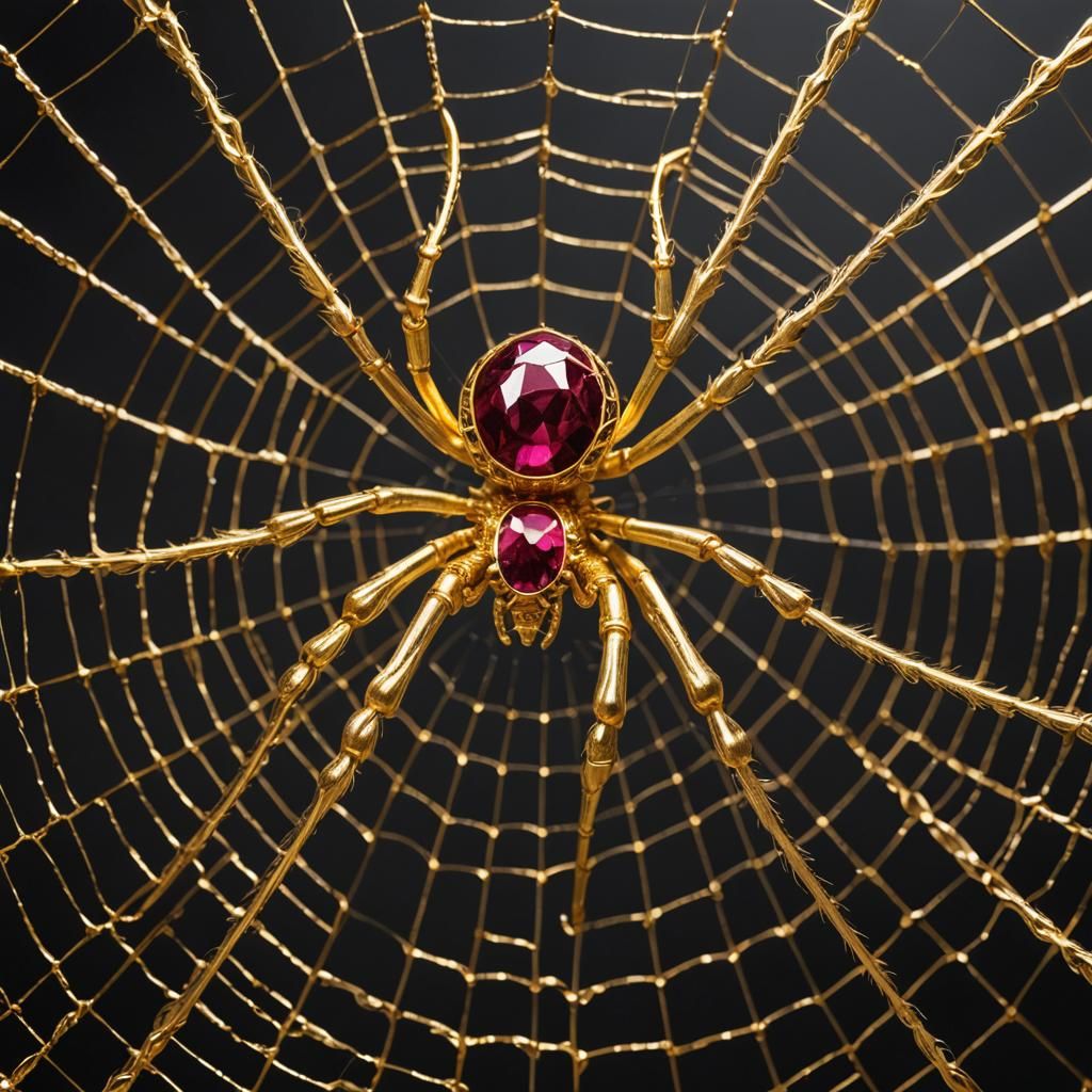 Golden Spider with Ruby Eyes on Gold Web