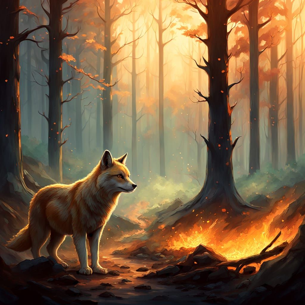 Surreal Forest Inferno in Warm, Golden Hues