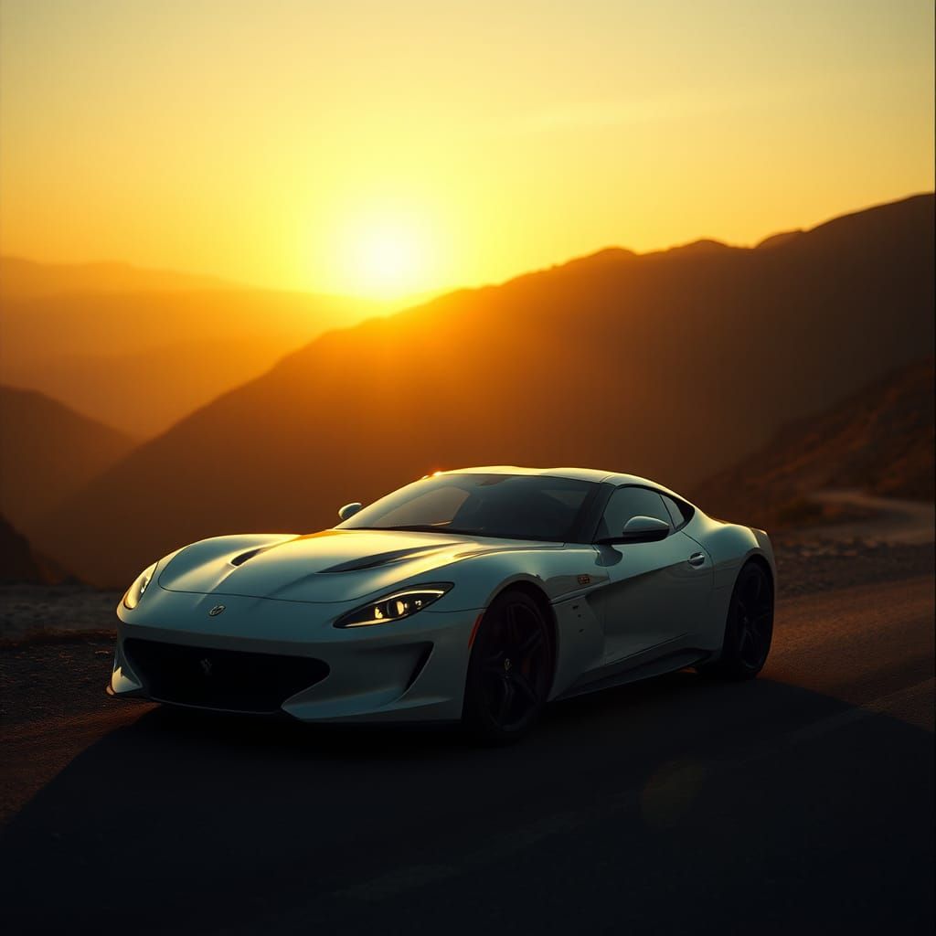 White Sports Car at Sunset in Cinematic Style