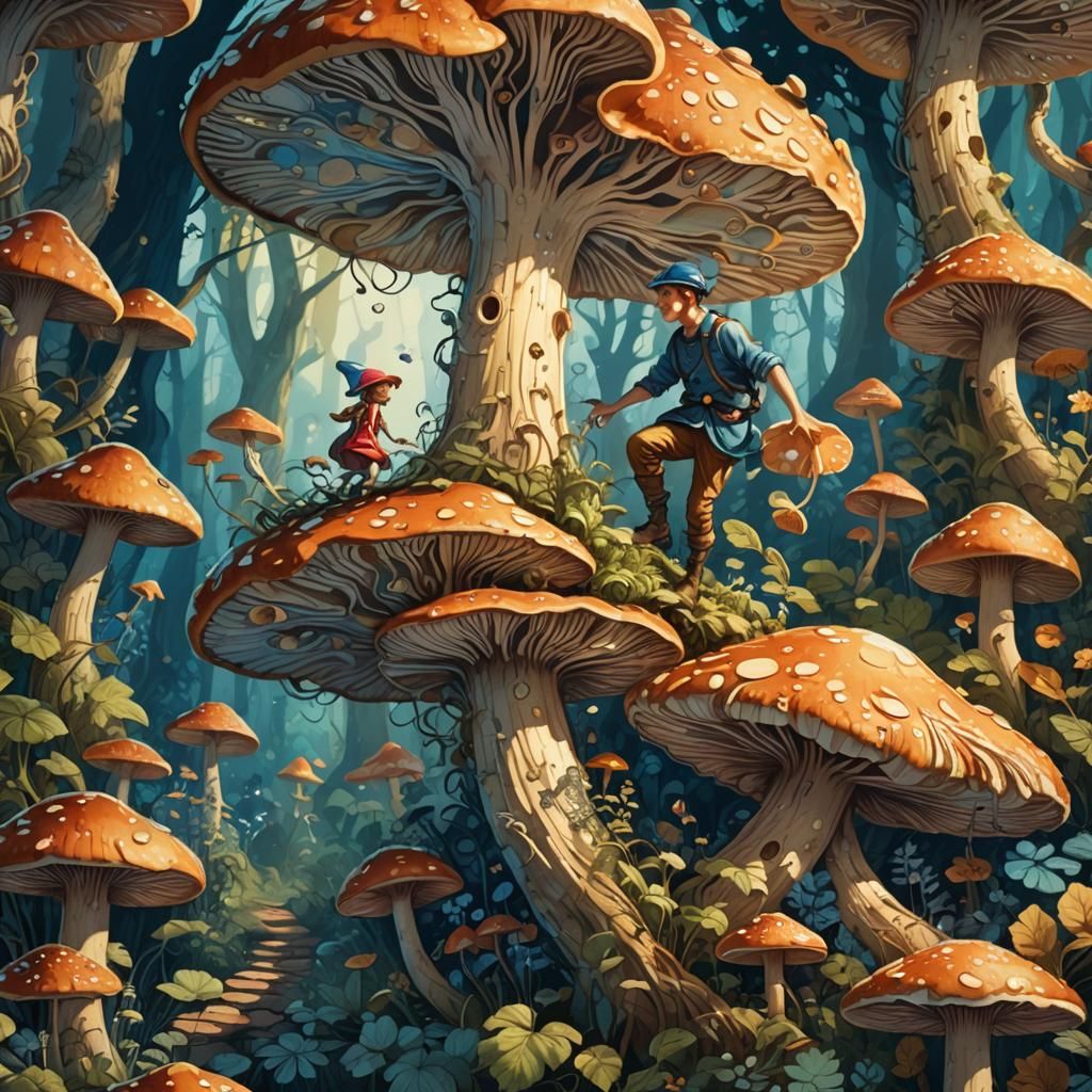 Climbing a Giant Mushroom: Fairy Tale Illustration