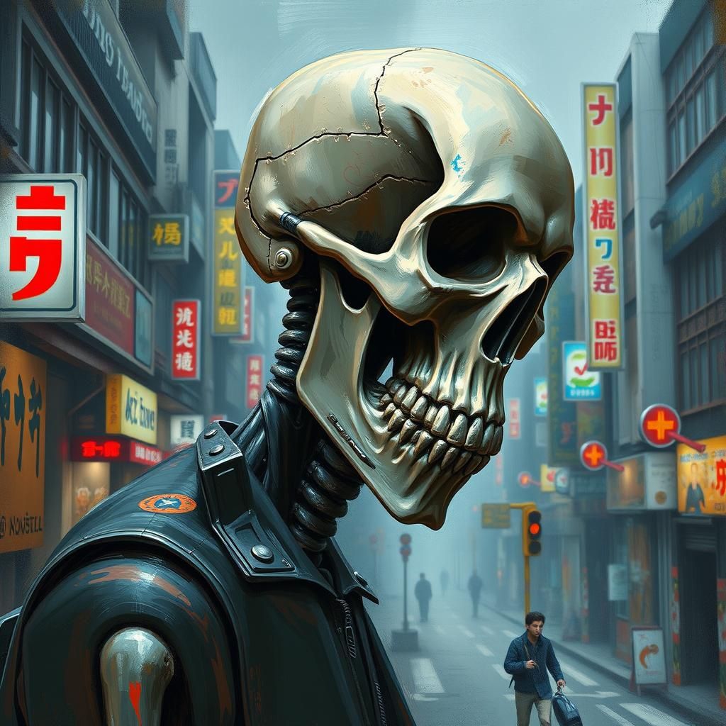 Cyberpunk Skull Man on Hong Kong Street