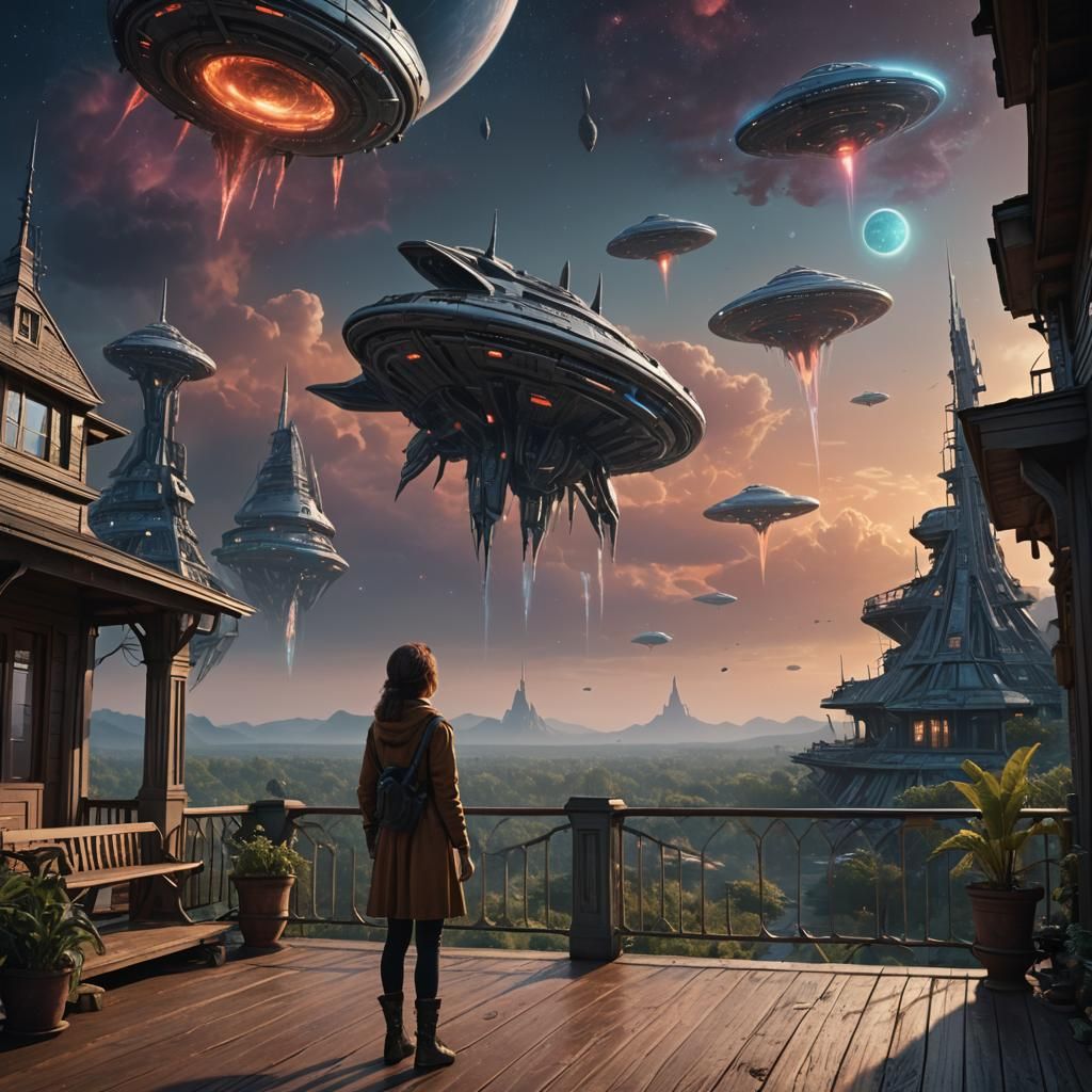 Woman Watches Alien Invasion in Matte Painting Style