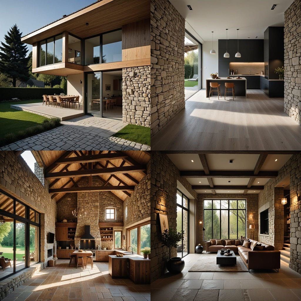 Rustic Stone Home with Modern Glass Accent in Countryside