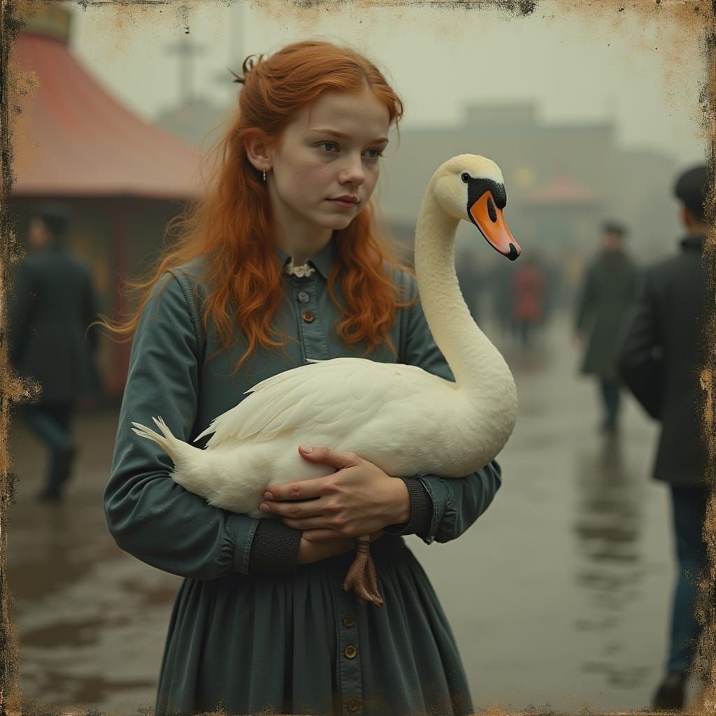 Woman with Swan: Atmospheric Tintype Fairground Portrait