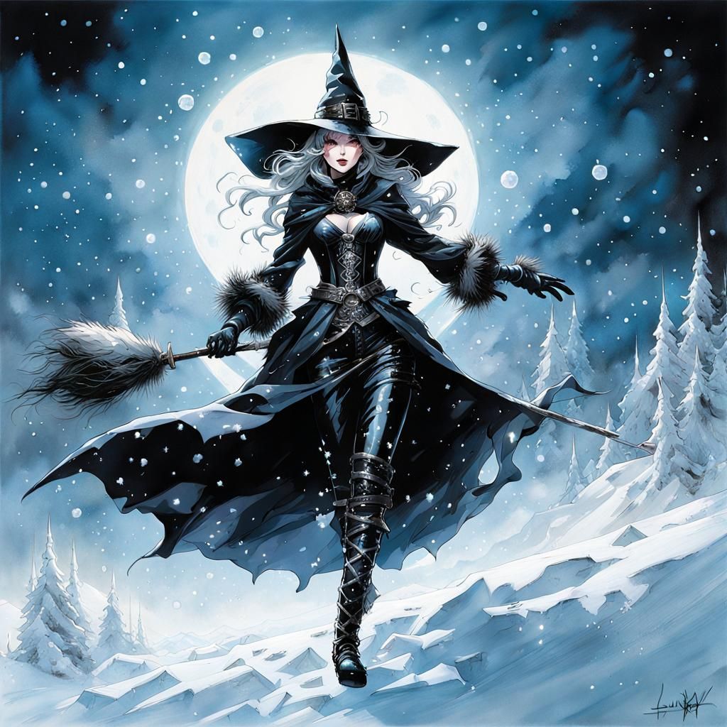 Whimsical Winter Witch in Snowy Airbrush Art