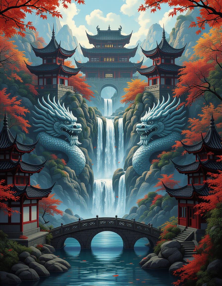 Magical Asian Fantasy Landscape with Dragons and Pagodas