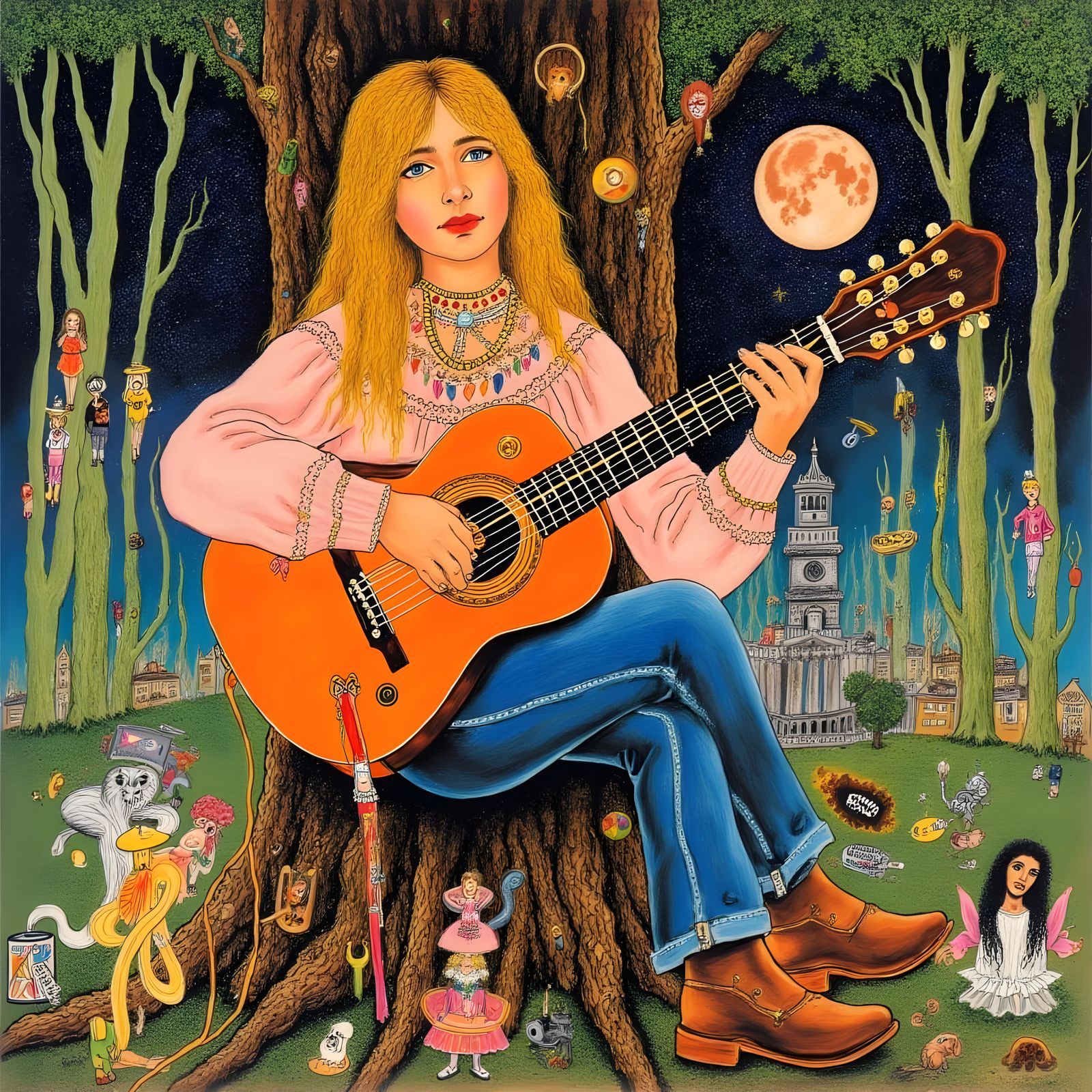 Psychedelic Forest Scene with Guitarist, Cal Schenkel Style