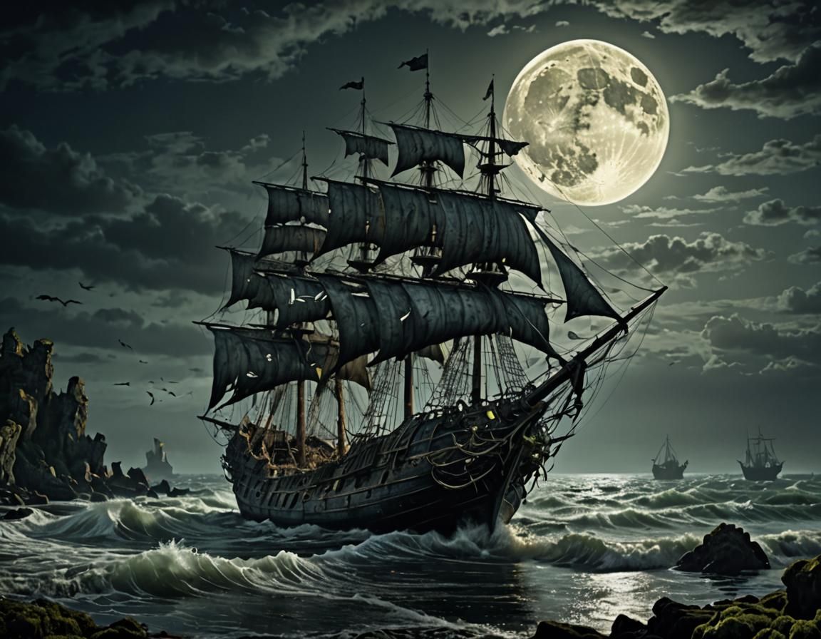 Ghost Ship on Dark Sea in Gothic Art Style