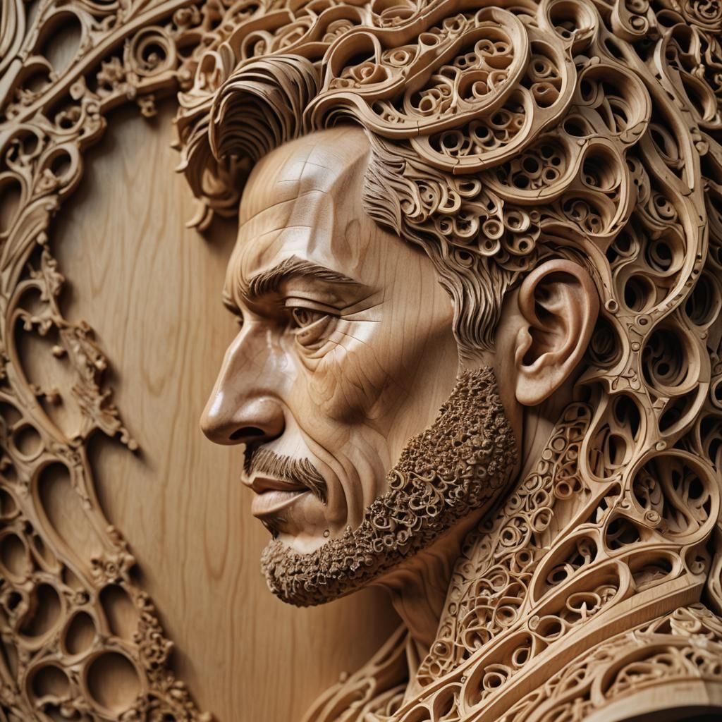Hyperrealistic Wood Carving of a Man's Profile