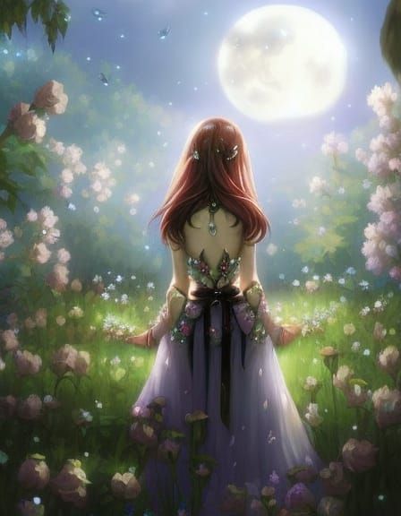 Crying Princess in Moonlit Flower Garden Digital Art