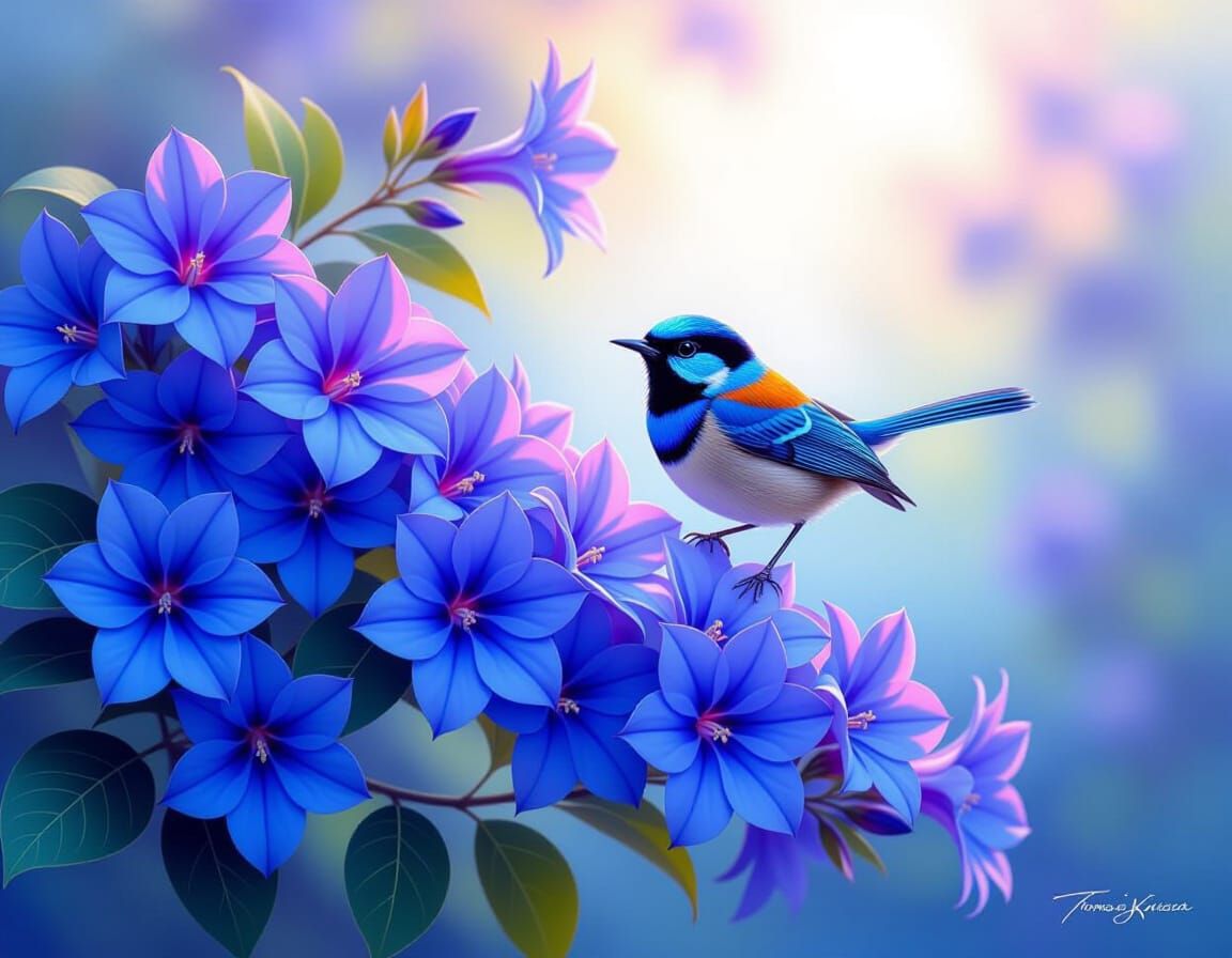 Radiant Wren in a Dazzling Garden, Thomas Kinkade Style