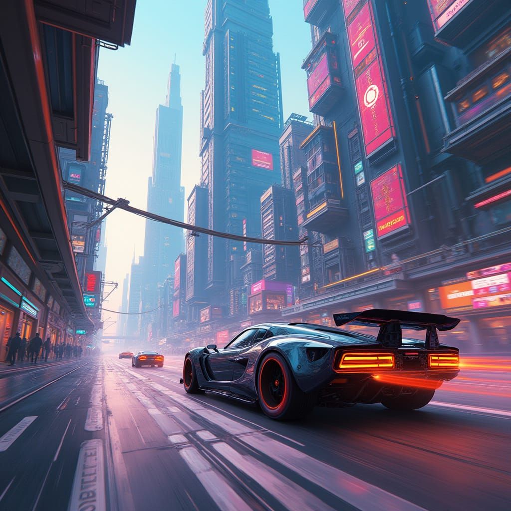 Cyberpunk Cityscape: Flying Cars Race Through Neon Streets