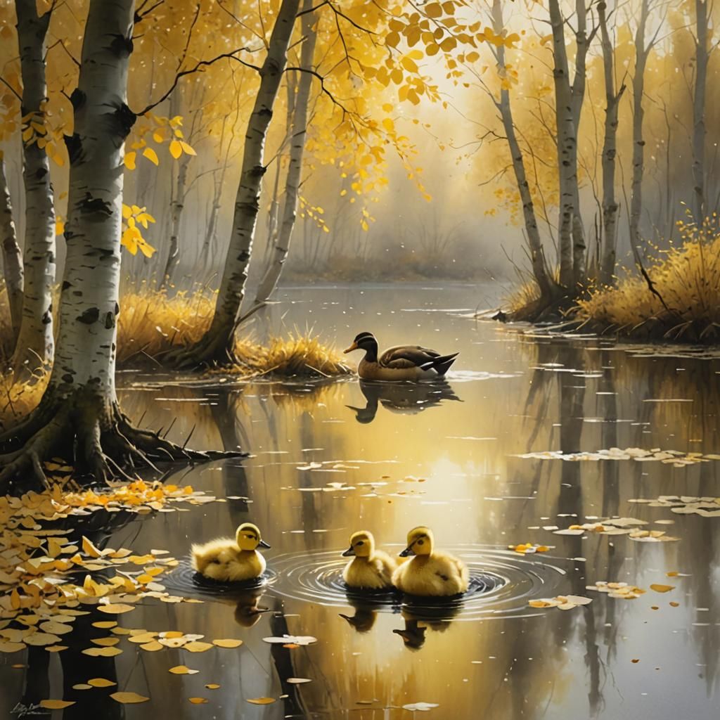 Ducklings in Autumn Birch Forest: Watercolor Painting