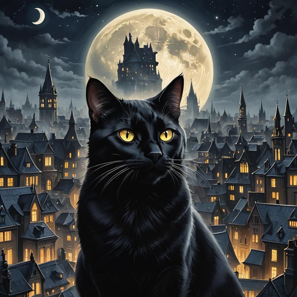 Mysterious Black Cat Headshot in Gothic Setting