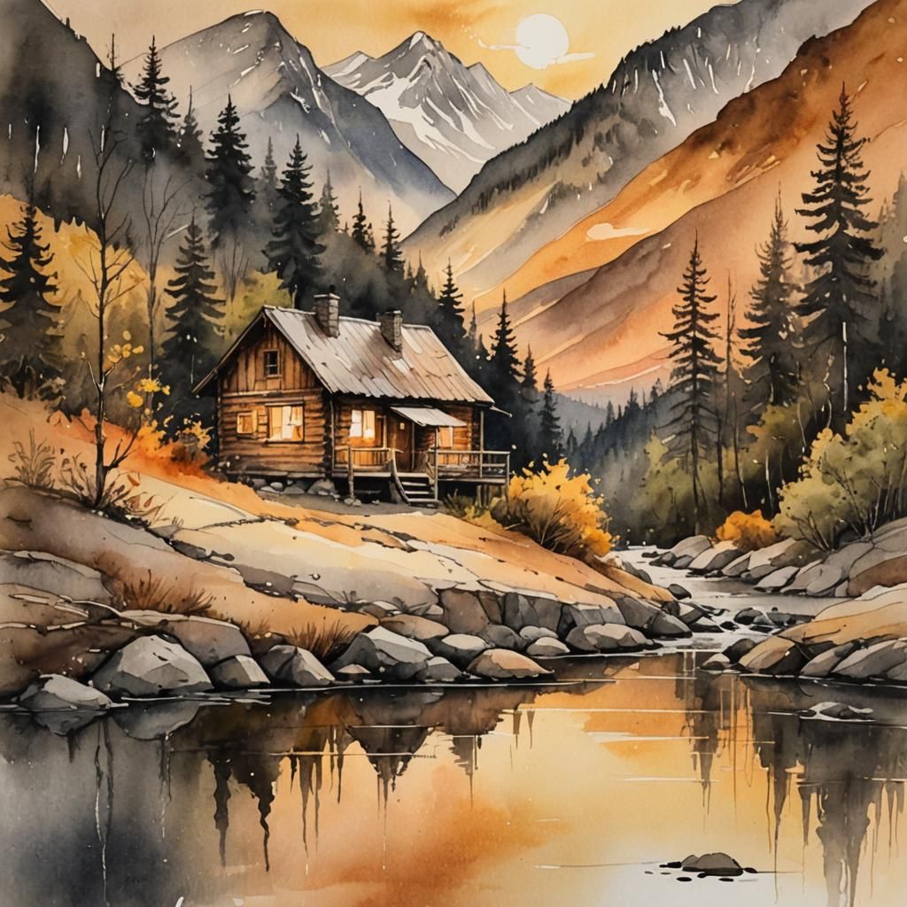 Mountain Cabin at Sunset in Watercolour and Ink