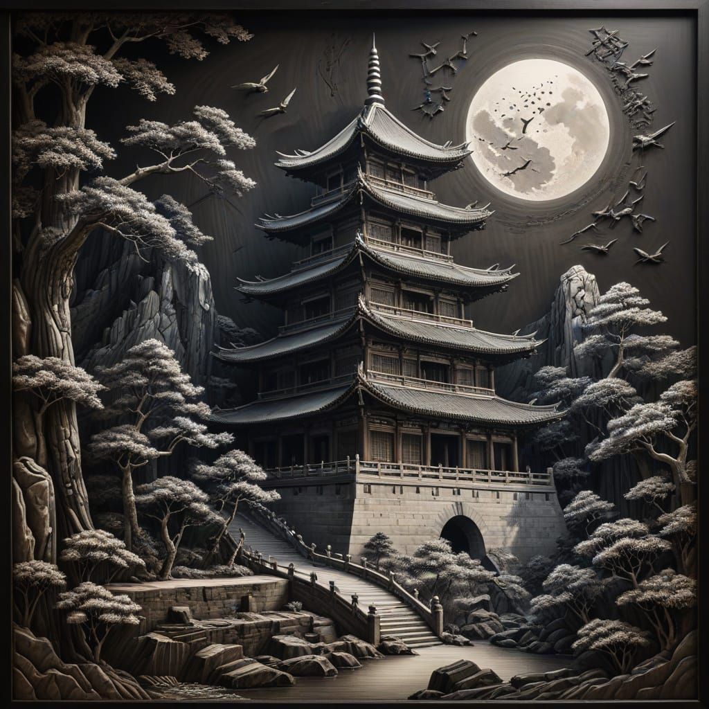Detailed Wood Carving Bas-Relief of Leifeng Pagoda