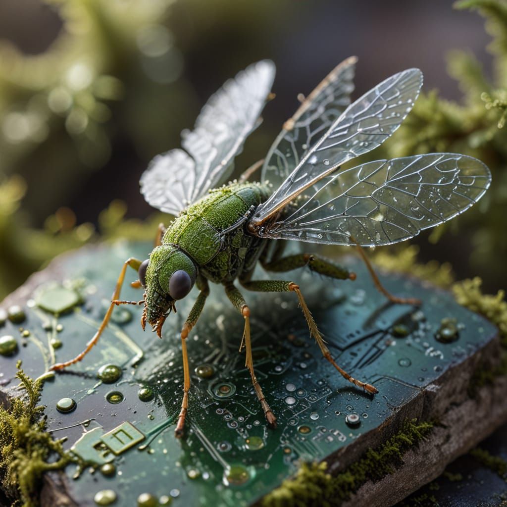 Mossy Insect with Circuit Board Wings in Ash-Wash Abstractio...