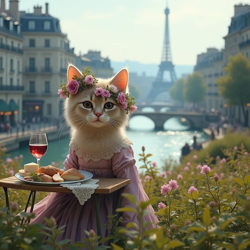 Cat in Lavender Gown at Parisian Cafe