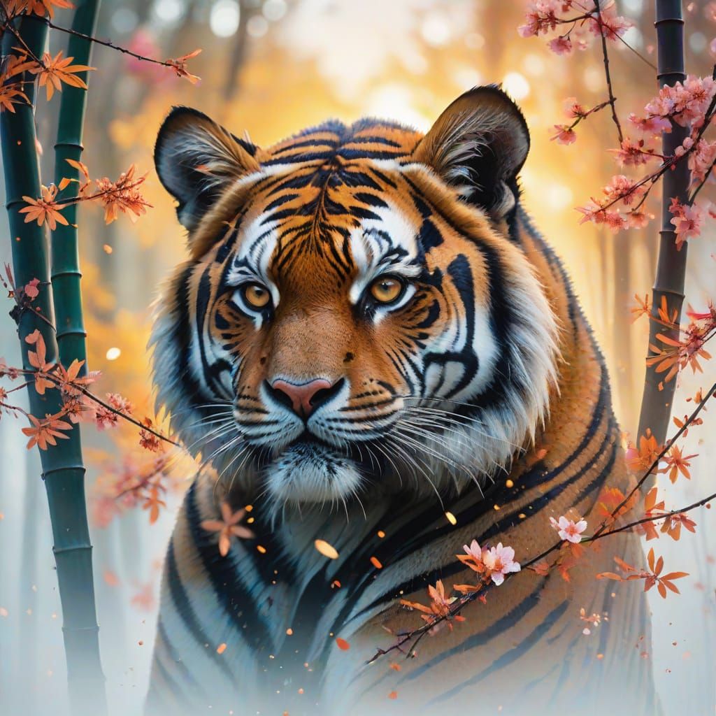 Surreal Forest Angel Silhouette with Tiger Stripes and City ...