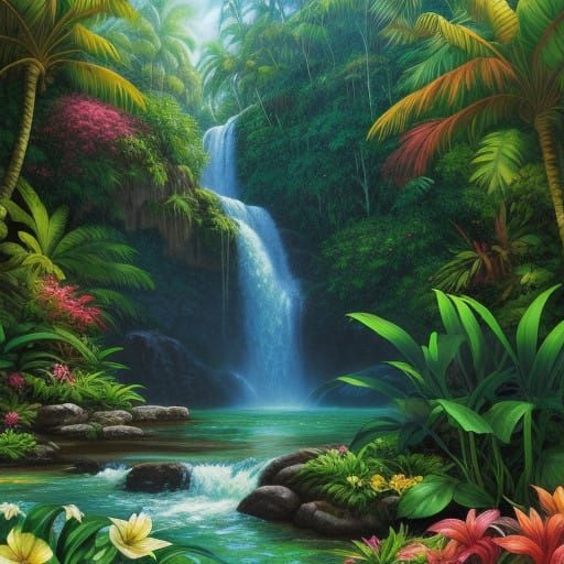 Vibrant Caribbean Waterfall in Impressionist Style