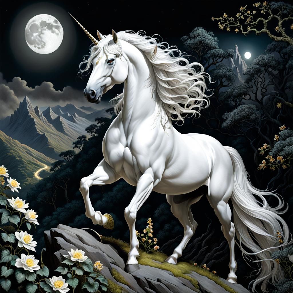 Majestic White Unicorn in Digital Baroque Style