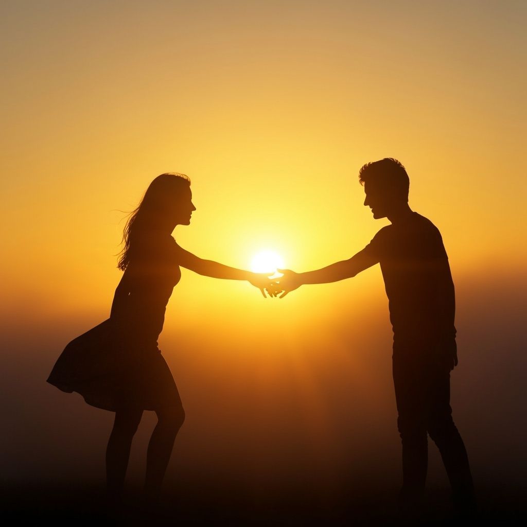Couple Silhouetted Against Golden Sunrise in Mist