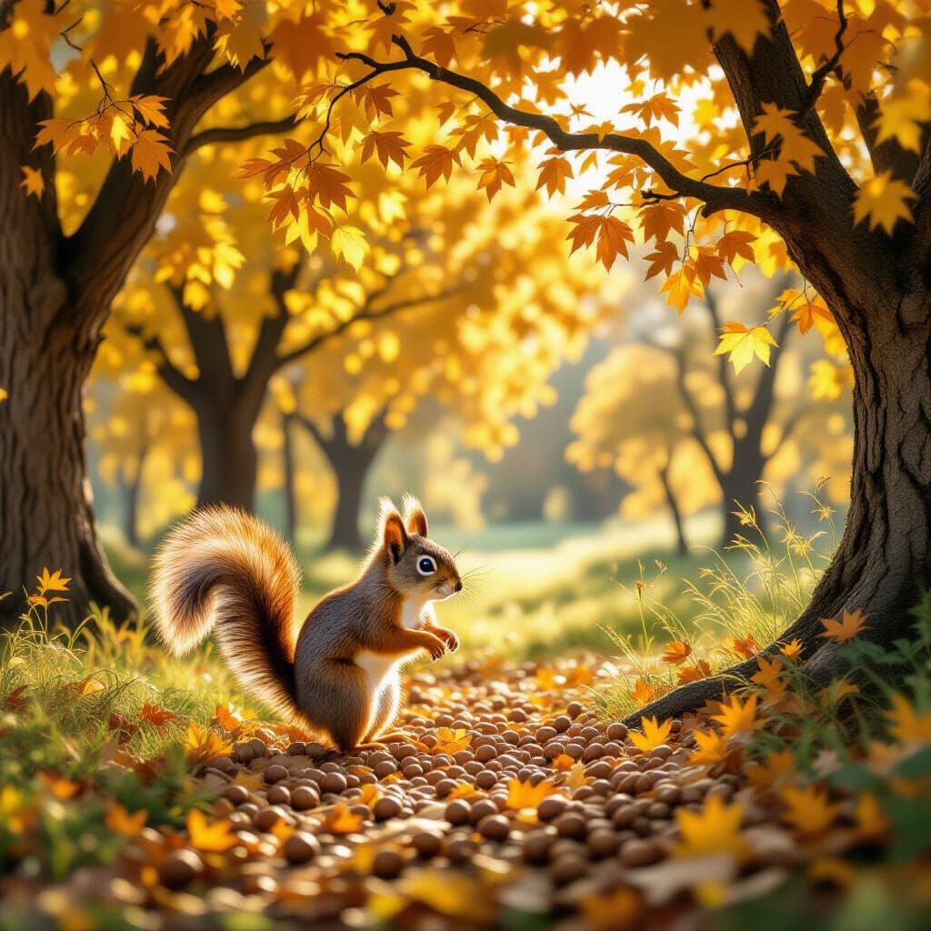 Squirrel in a Golden Orchard Grove: