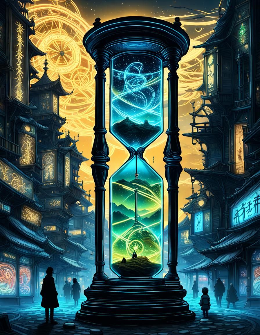 Futuristic Hourglasses Reflecting Time's Passage in Neon Cit...