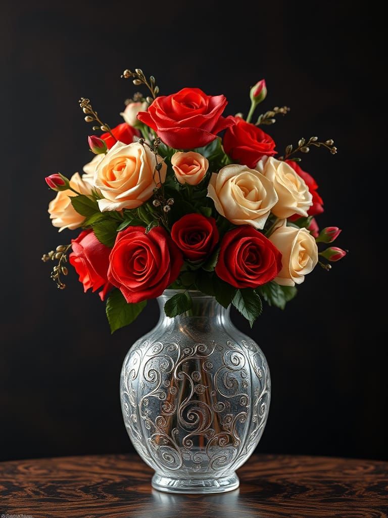 Ornate Glass Vase with Roses: Fantasy Concept Art
