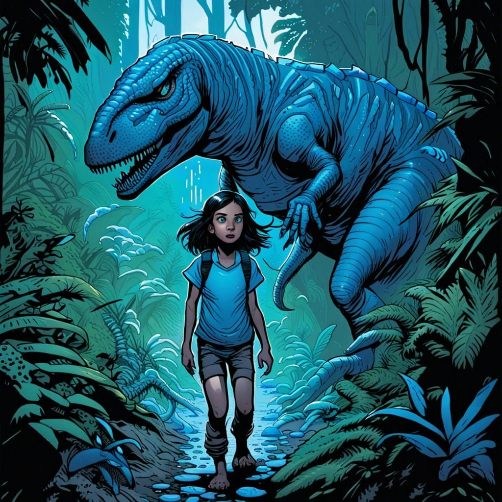 Orphan Girl and Dinosaurs in a Futuristic Jungle