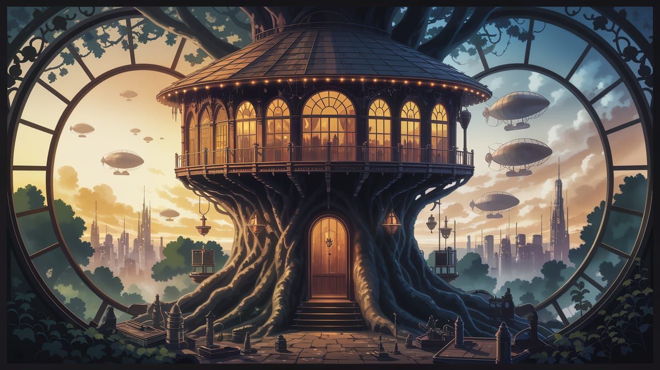 Steampunk Treehouse with City View in Anime Style
