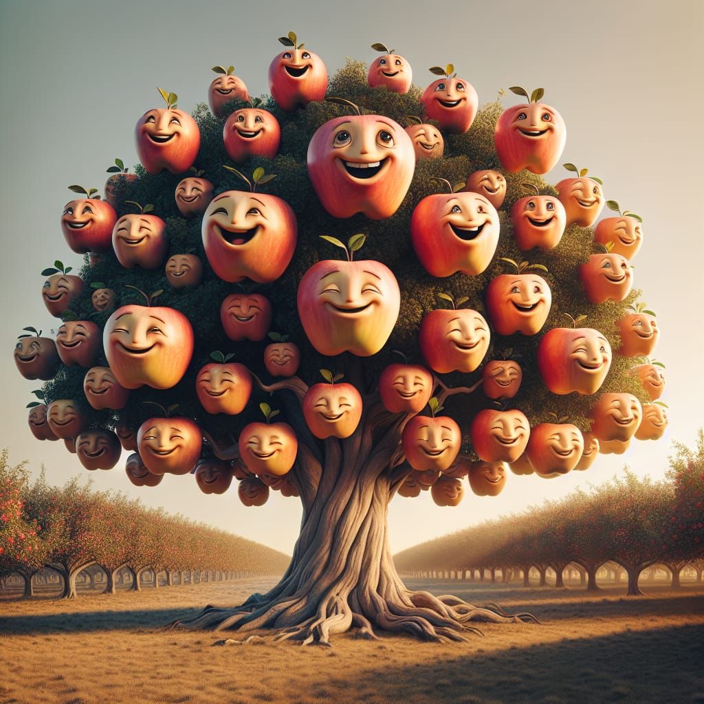 Anthropomorphic Apple Tree in Whimsical Bloom