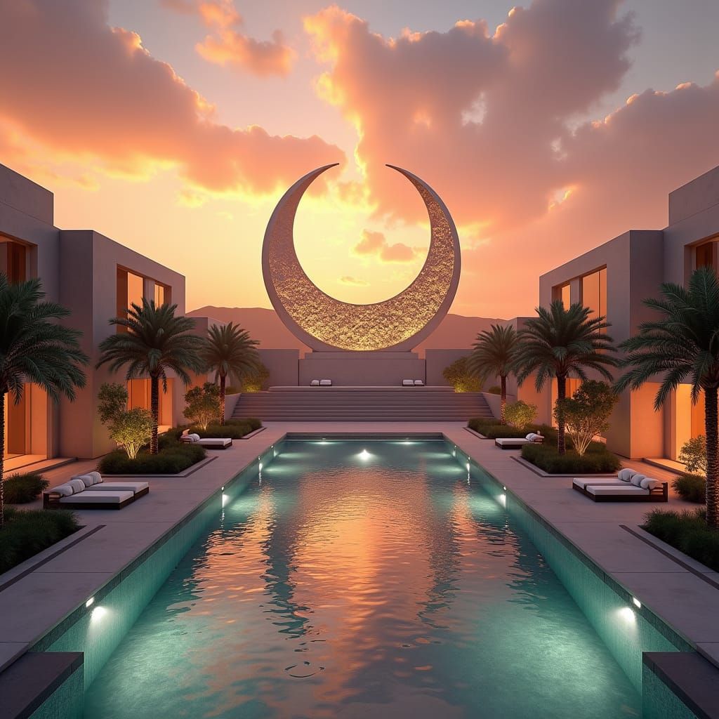 Majestic Modern Estate with Brimstone Moon Statue in 3D
