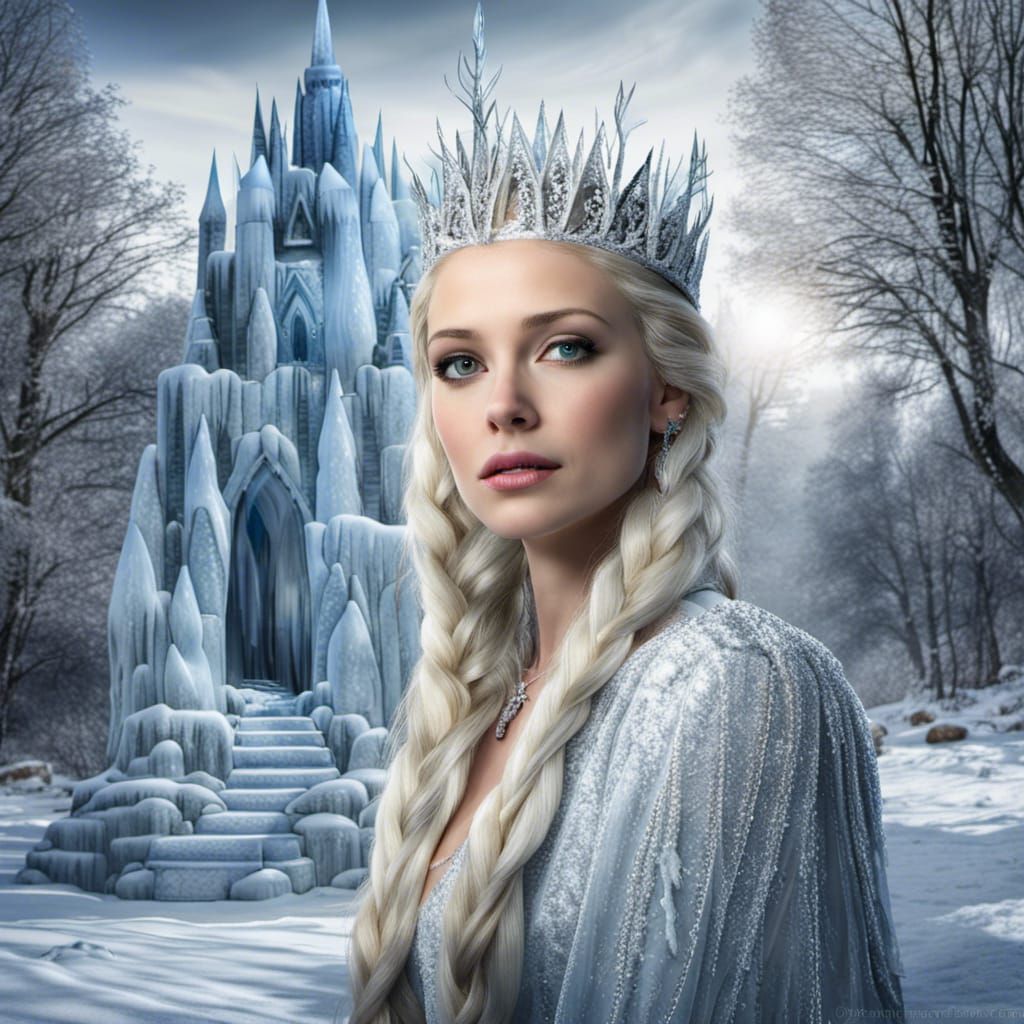Snow Queen Portrait with Ice Castle in Winter