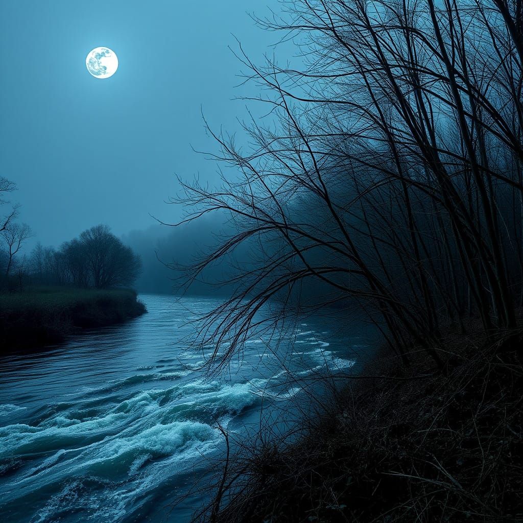 Moonlit River Scene in Hyperrealistic Style